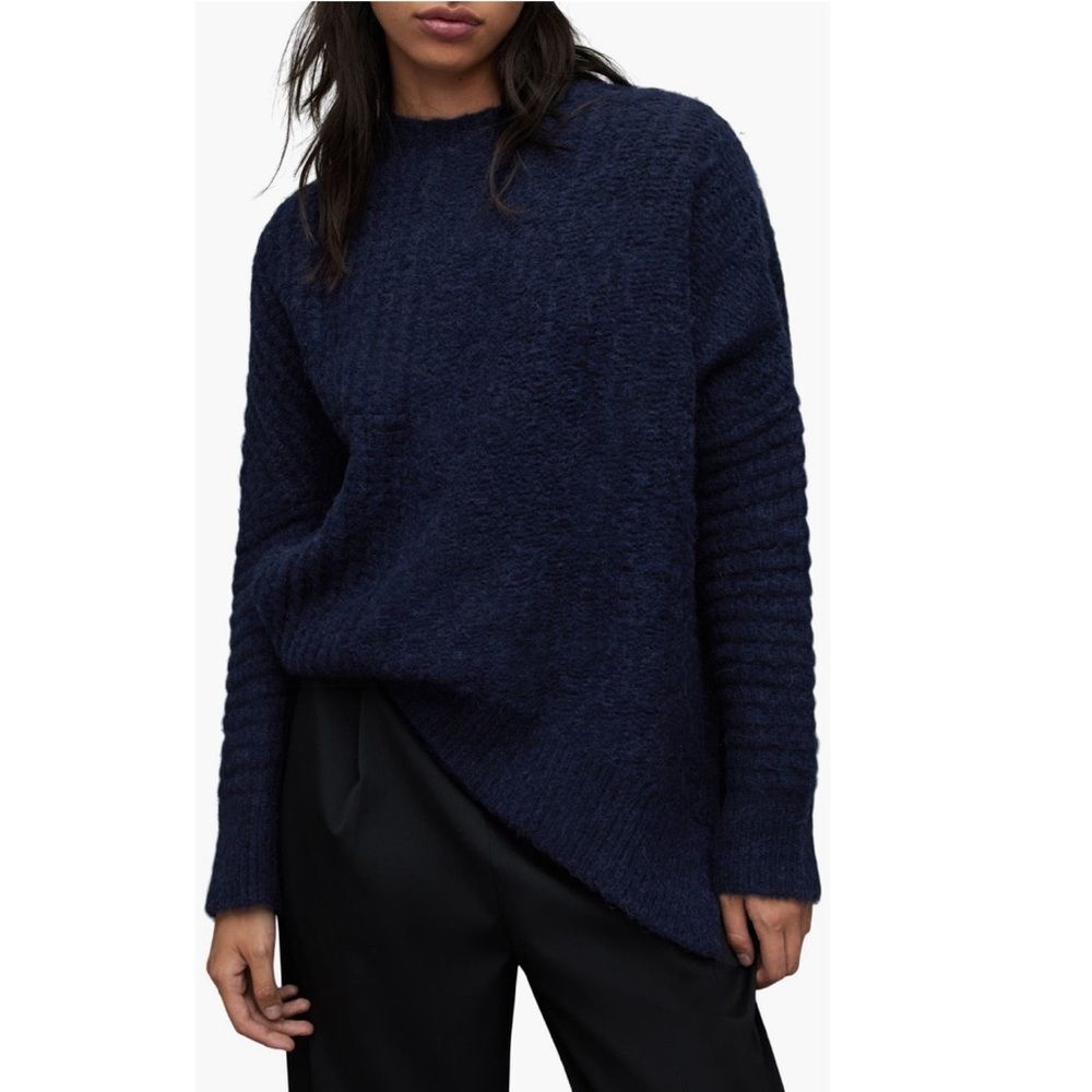 All Saints Selena Mixed Stitch Asymmetric Sweater Midnight Blue, NWT, Size S - Picture 11 of 12